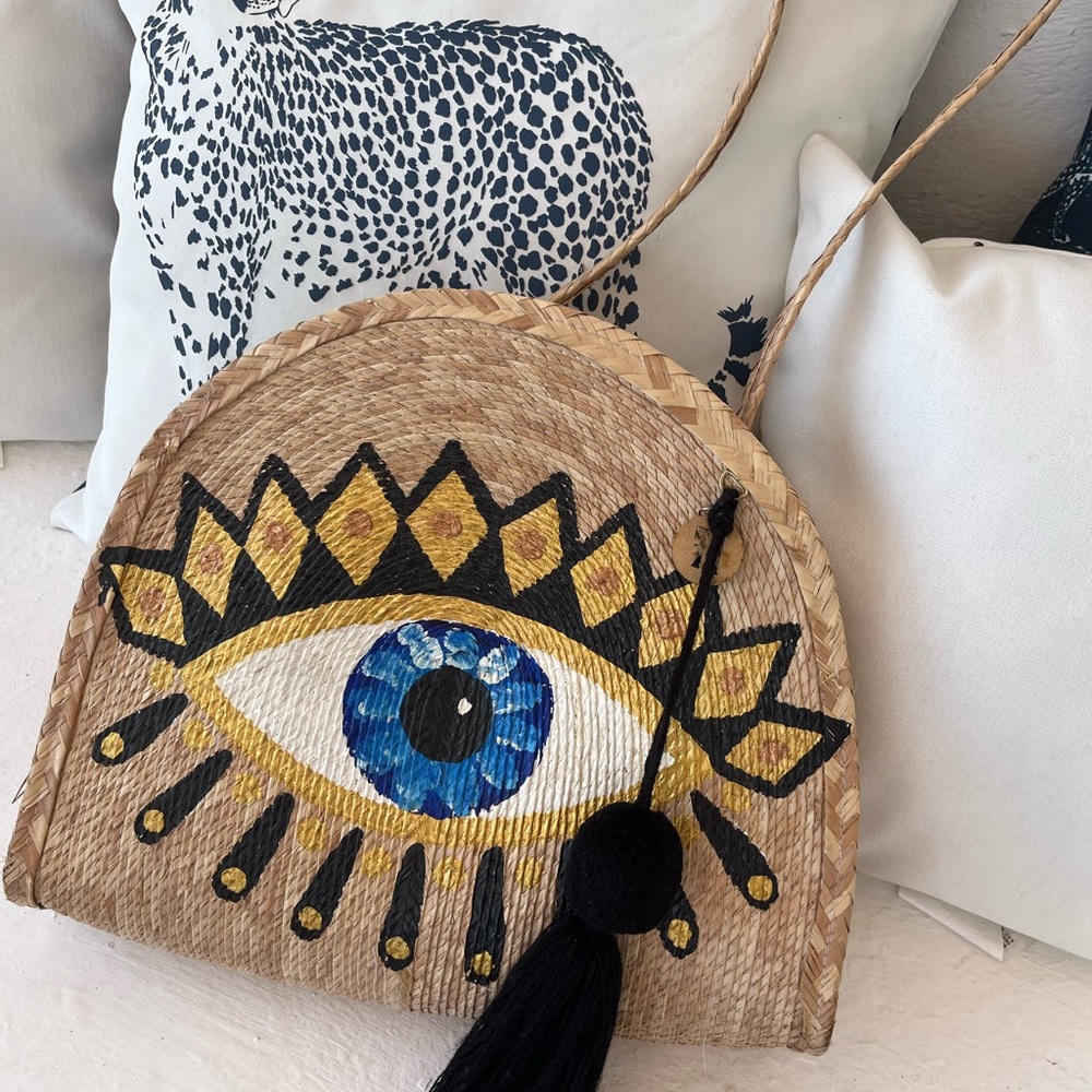 Hand painted Mexican rattan crossbody bag. Stunning colors with black  tassel.